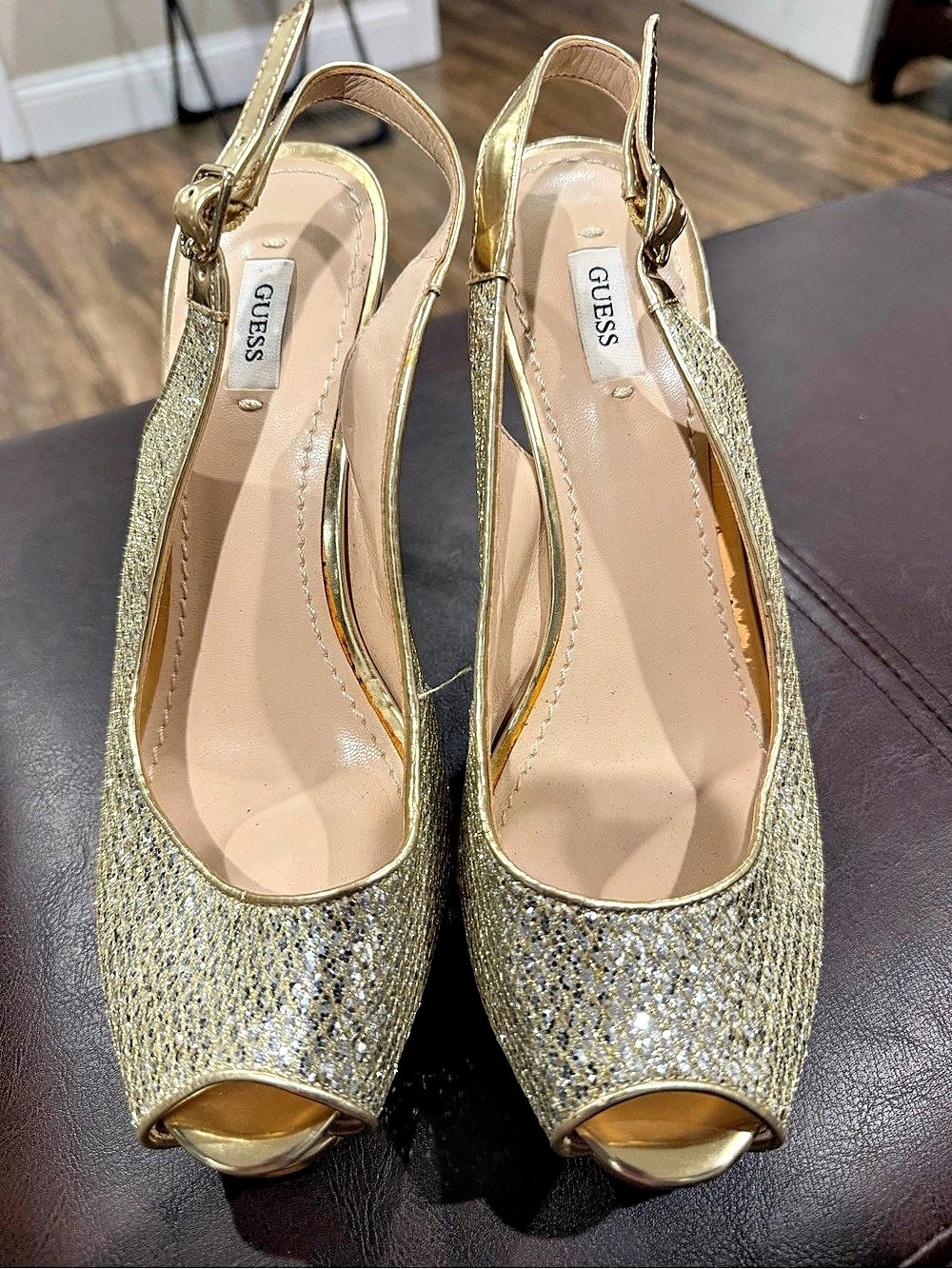 GUESS Gold Glitter Peep Toe Heels US 8 M